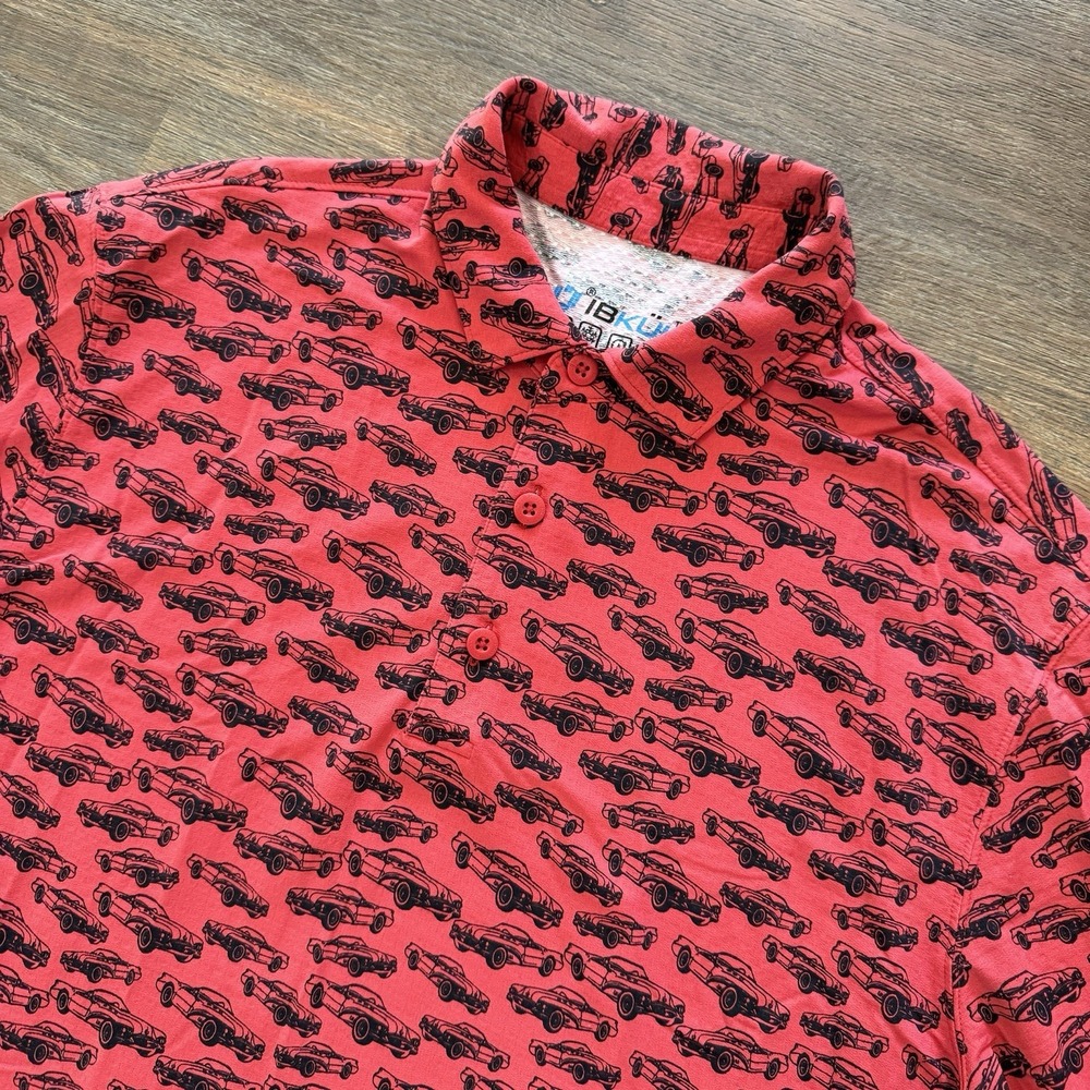 IBKUL Classic Car Men's Red‎ Golf Polo Sz L Casual Preppy AOP